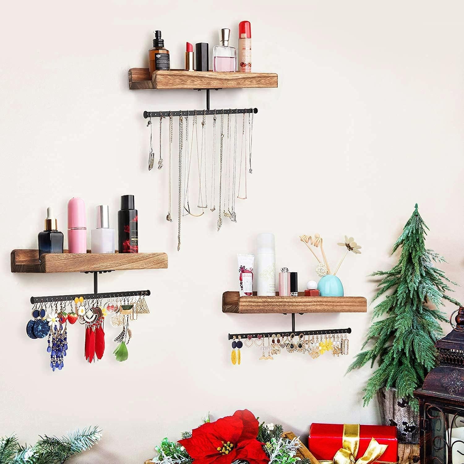 WallMounted Rustic Wood Jewelry Organizer, Set of 3 emfogo