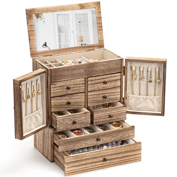 Emfogo Jewelry Box for Women Wooden Jewelry Boxes & Organizers 5-Layer Rustic Large Jewelry Organizer Box with Mirror & 8 Drawers for Rings Earrings Necklaces Bracelets Women Girls Gifts