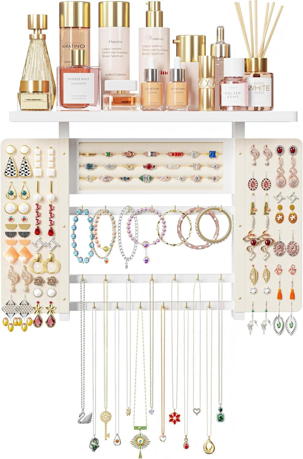 Emfogo Jewelry Organizer Hanging Wall Mounted Jewelry Holder, 5-in-1 Large Capacity Necklace Earring Organizer Wall Hanging Display, Jewelry Holder Display for Ring, Necklaces, Bracelets, Earrings