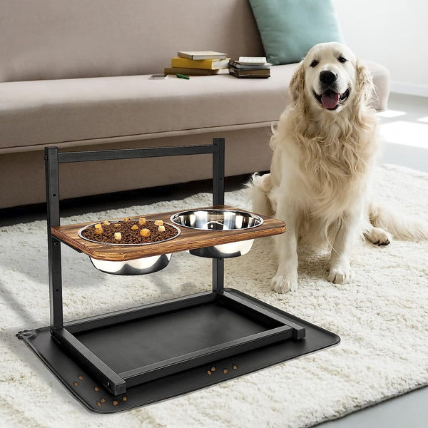 Adjustable Height Dog Bowls Stand with Spill Proof Mat