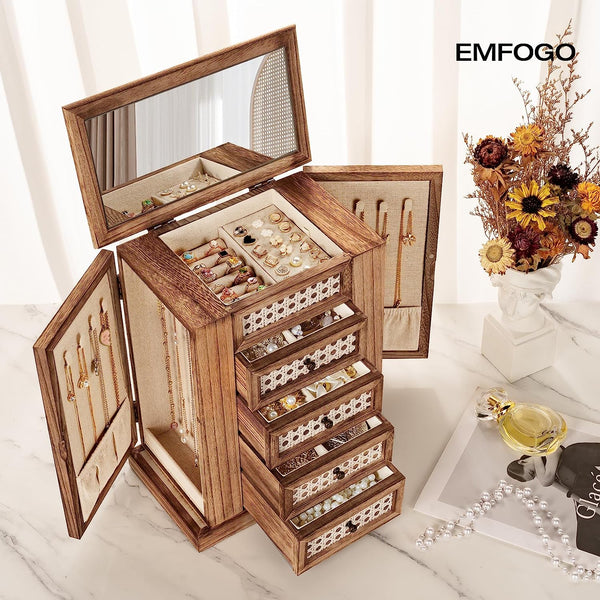 5-Layer Wooden Jewelry Box with Drawers and Mirror