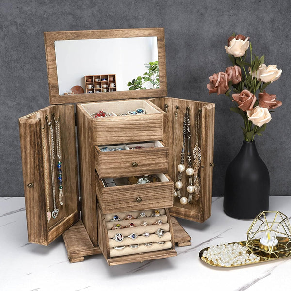 Wooden Jewelry Box and Organizer with Mirror, 4 Tier Jewelry Organizer