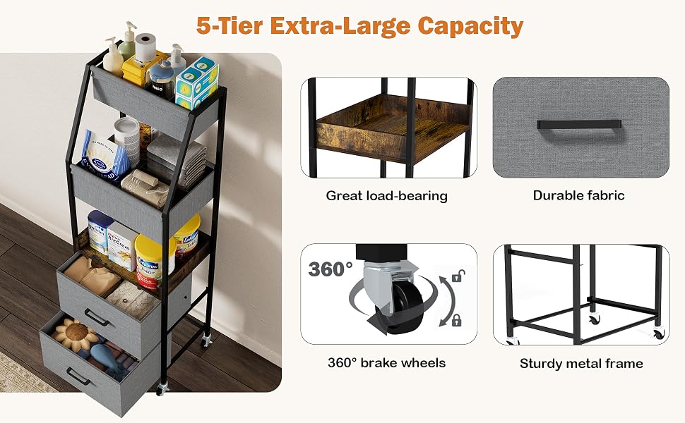 5-Tier Rolling Diaper Caddy Cart with Drawers for Nursery