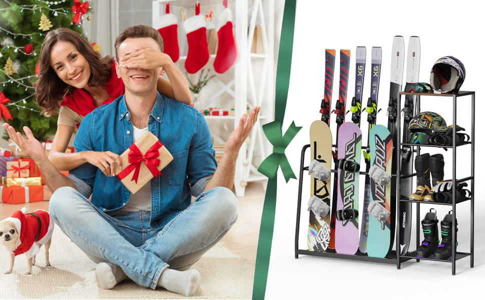 Freestanding Ski & Snowboard Rack for Garage, 4 Pair Storage