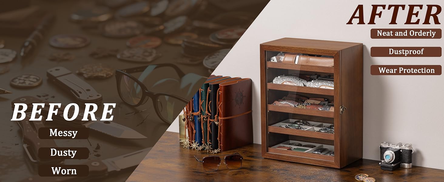 5-Tier Walnut Pocket Knife Display Cabinet