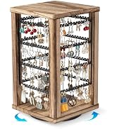 Emfogo 360 Earring Holder Organizer, Rustic Wood Earring Stand, Rotating Wooden Earring Display