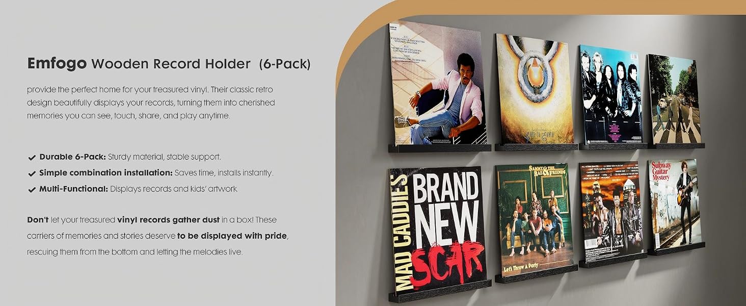 Vinyl Record Wall Shelf 6-Pack, Floating LP Album Holder in Solid Wood