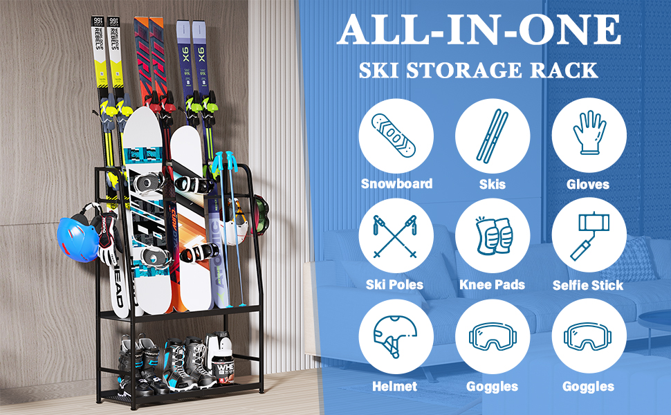 Heavy-Duty Steel Ski Rack, Freestanding Snowboard & Boot Organizer