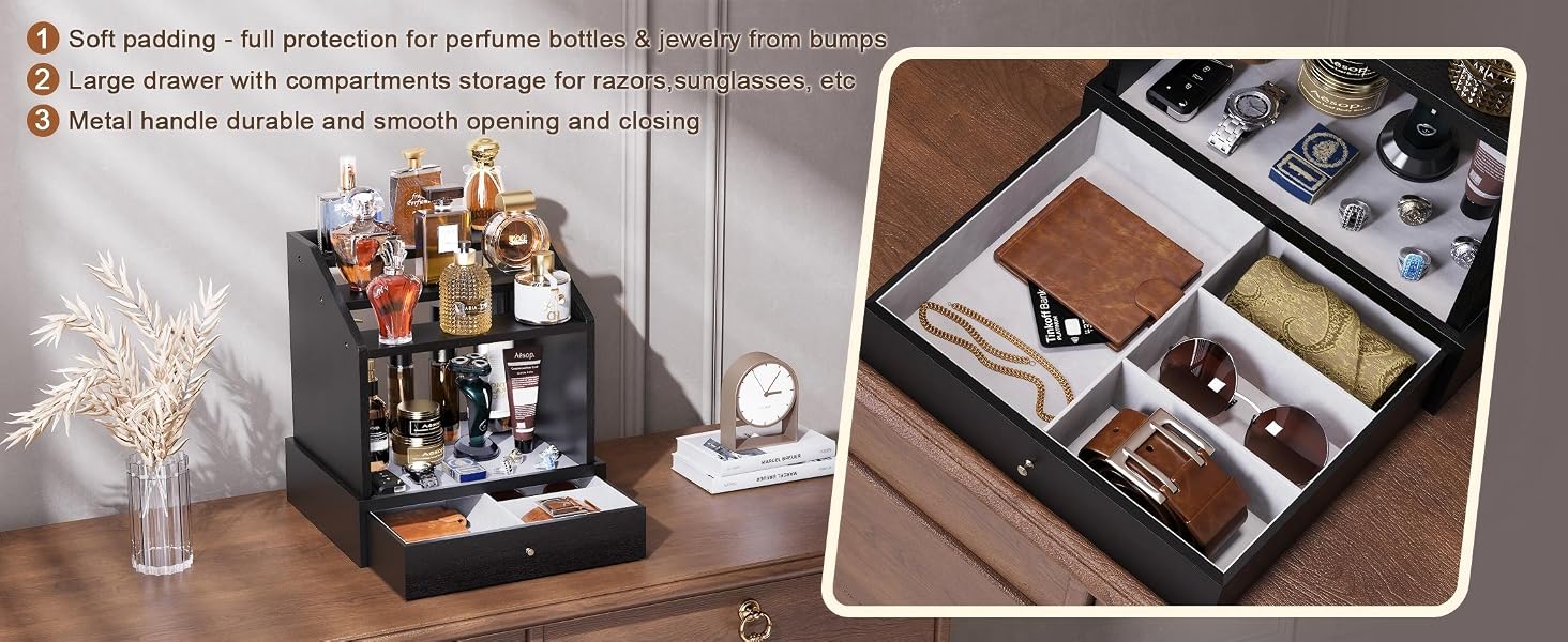 2-in-1 Cologne Organizer Stand, 3-Tier with Velvet-Lined Drawers