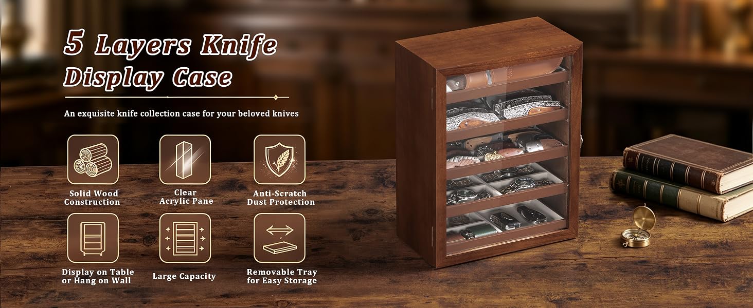 5-Tier Walnut Pocket Knife Display Cabinet