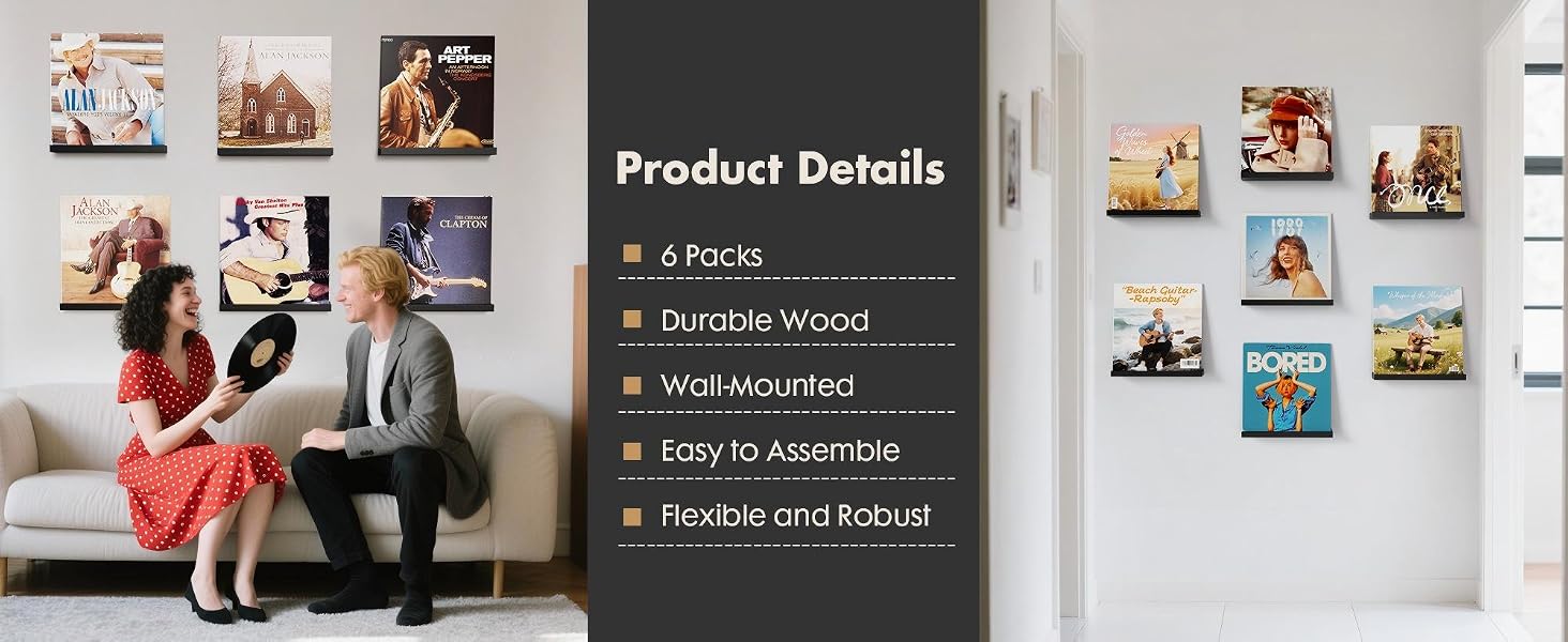 Vinyl Record Wall Shelf 6-Pack, Floating LP Album Holder in Solid Wood