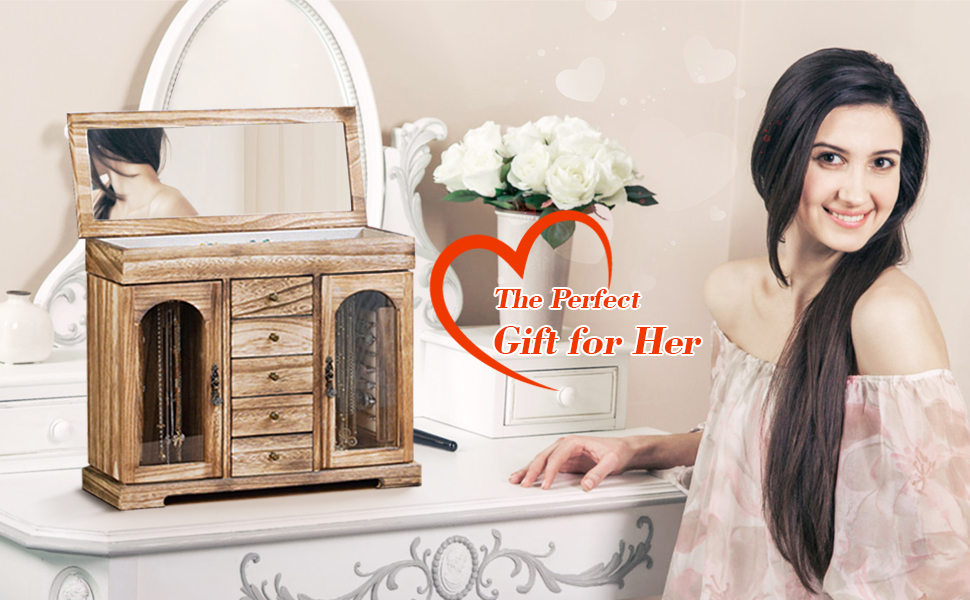 Elegant 5-Layer Wooden Jewelry Box with Mirror, Necklace & Ring Storage