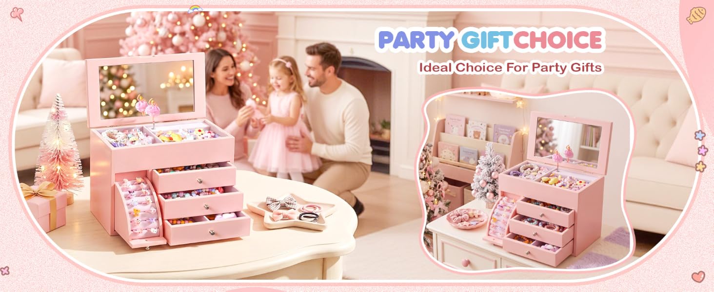 4-Layer Pink Ballerina Music Box, Solid Wood Girls Jewelry Organizer