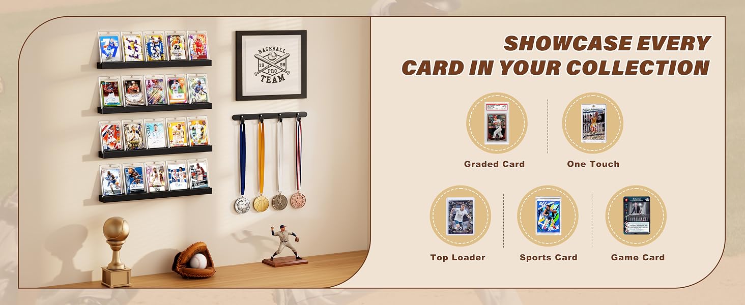 Trading Card Display Shelf for Wall Graded Card Display Wall Mounted, Sports Card Display Shelf