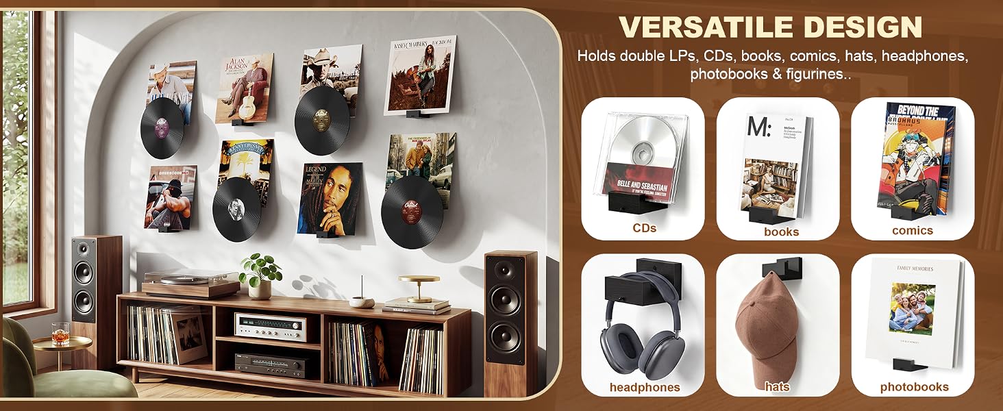 Dual Vinyl Record Wall Display 12-Pack, No-Drill Disc & Sleeve Holder