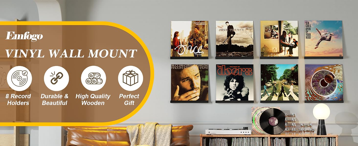 8-Pack Wood Vinyl Record Wall Shelves, 12-Inch LP Album Holder