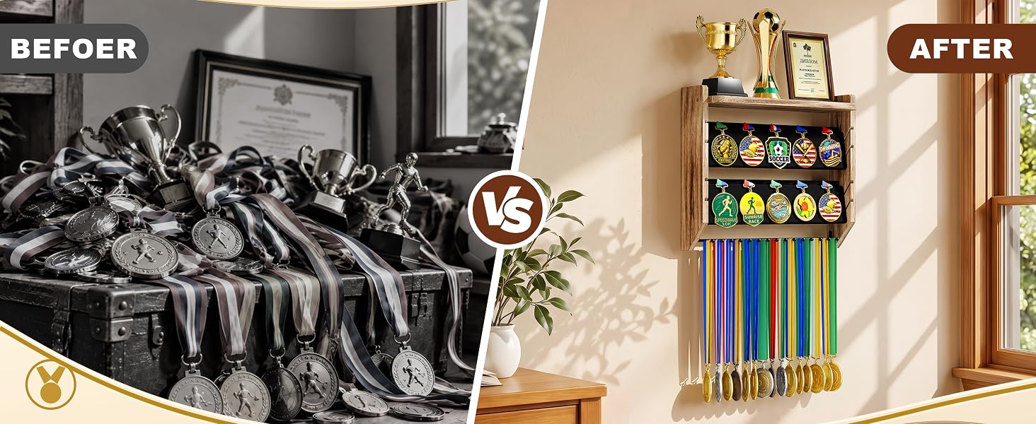 3-Tier Medal Hanger Display with Trophy Shelf, Wall-Mounted Wood