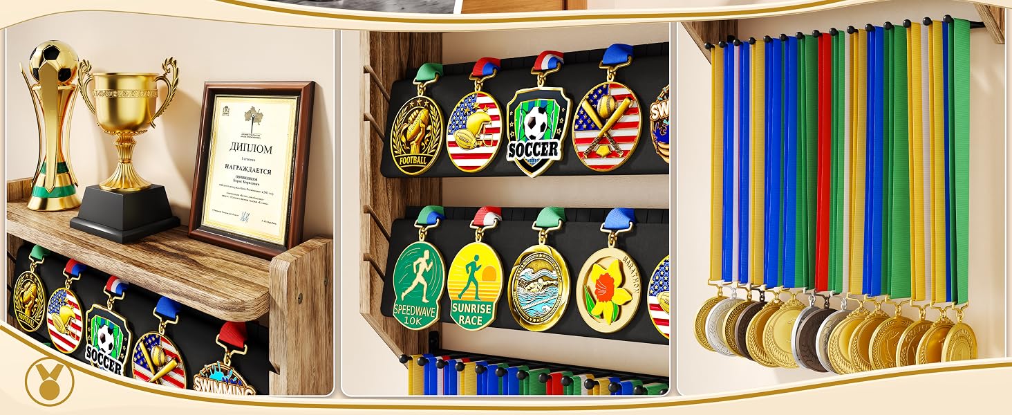 3-Tier Medal Hanger Display with Trophy Shelf, Wall-Mounted Wood