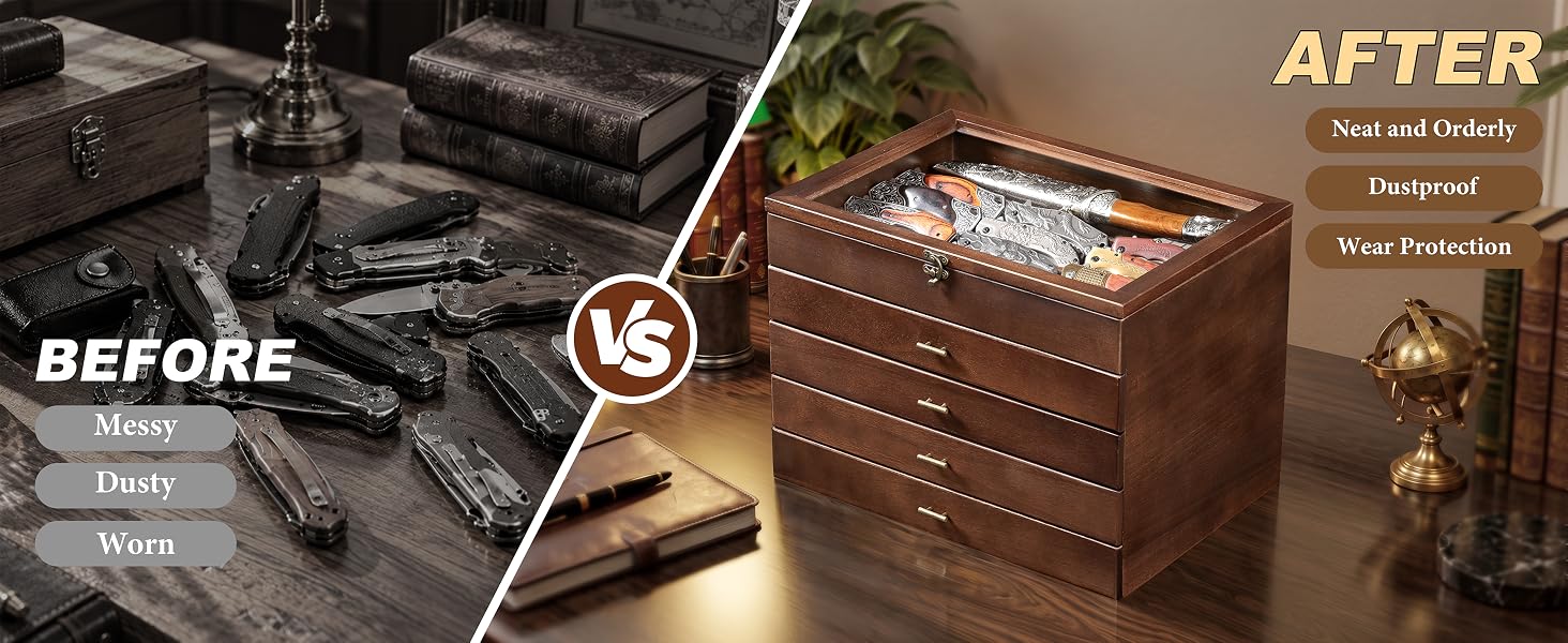 5-Tier Pocket Knife Organizer Case with Drawer & Clear Lid, Walnut