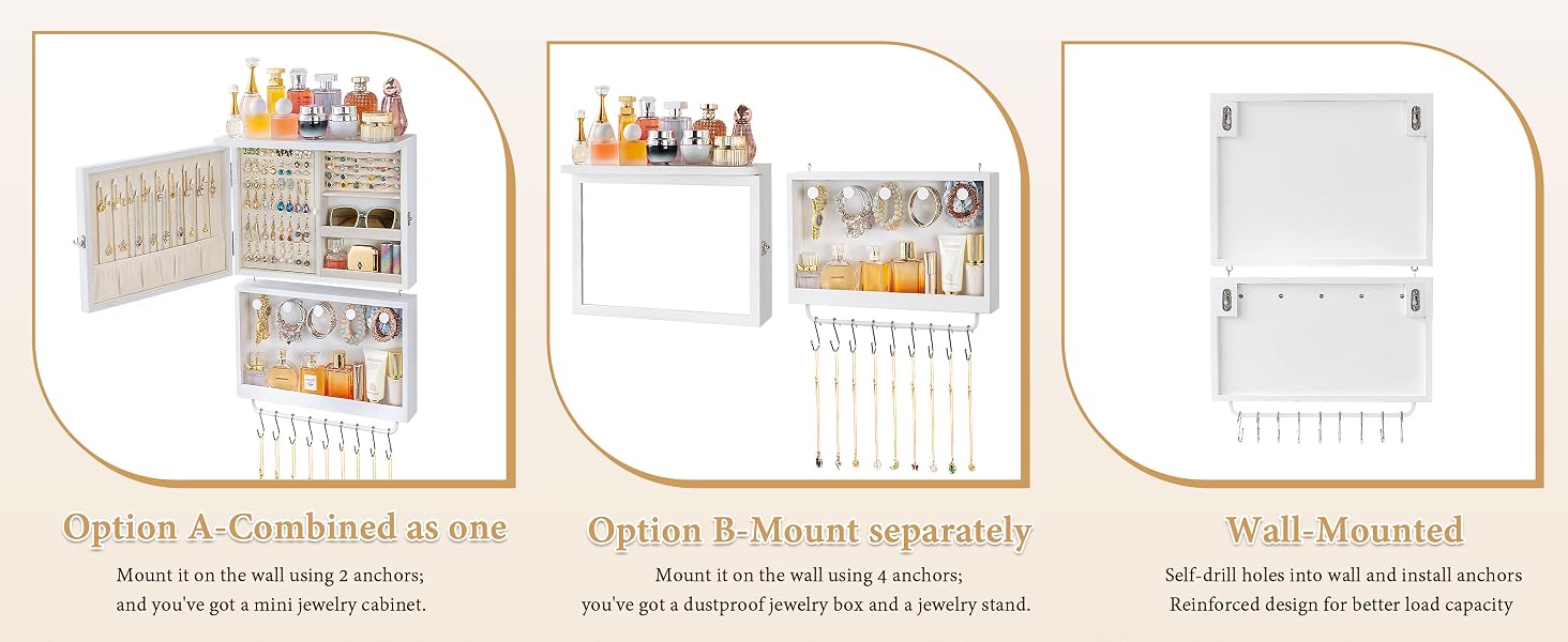 Three product diagrams with text showing storage organization features. Left shows cabinet with shelves, center shows hanging organizer, right shows wall-mounted unit.