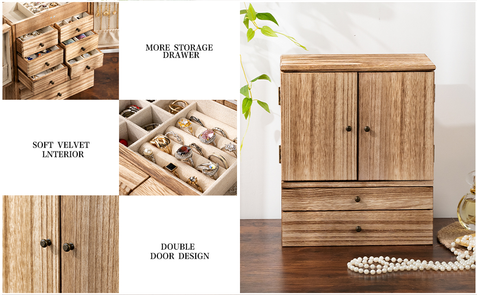 5-Layer Rustic Wooden Jewelry Box with Mirror and 8 Drawers