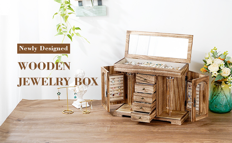 Elegant 5-Layer Wooden Jewelry Box with Mirror, Necklace & Ring Storage