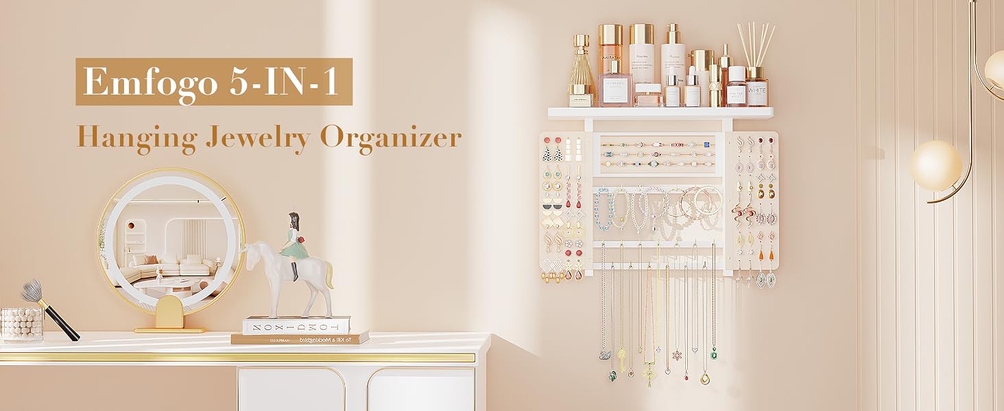 Wall-Mounted Hanging Jewelry Organizer, 5-in-1 Necklace & Earring Holder