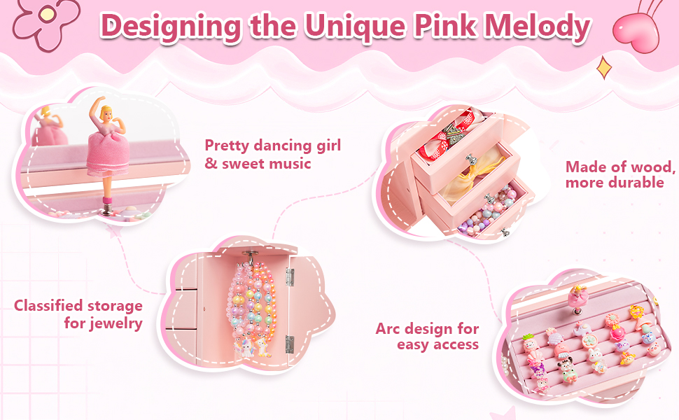 Pink Musical Ballerina Jewelry Box for Girls, 5-Layer with Mirror & Side Doors