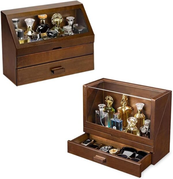Rubberwood Cologne Stand with Drawer, Perfume Organizer for Men