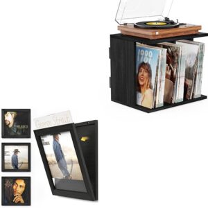 Record Player Stand with Vinyl Storage & Album Frame Bundle