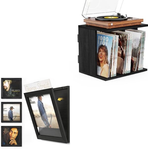 Record Player Stand with Vinyl Storage & Album Frame Bundle