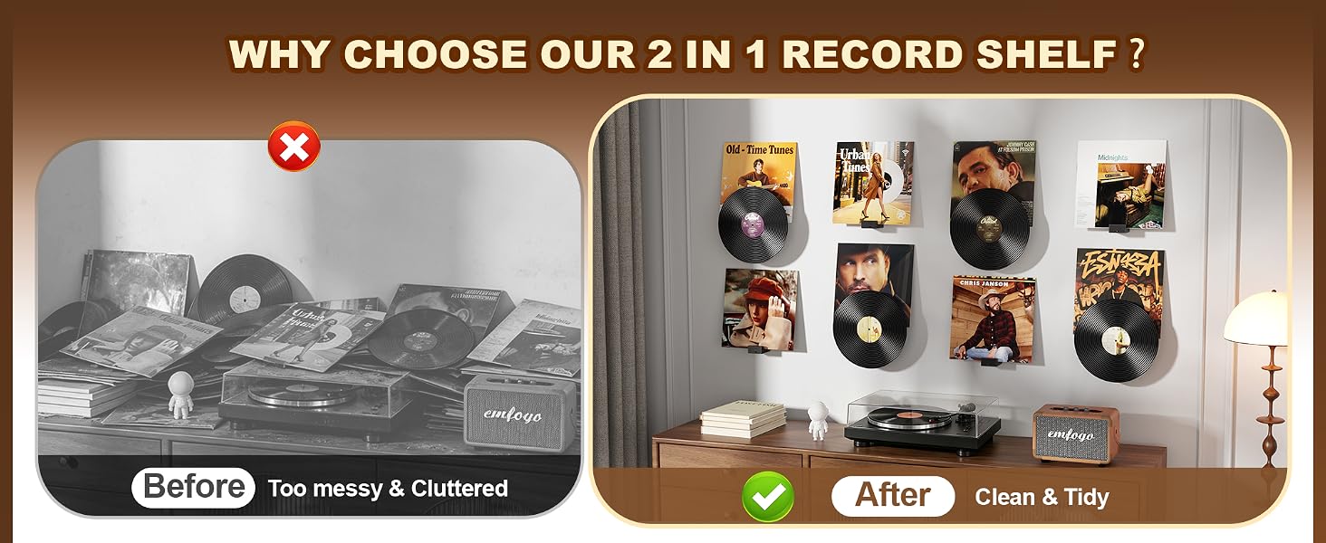 Dual Vinyl Record Wall Display 12-Pack, No-Drill Disc & Sleeve Holder