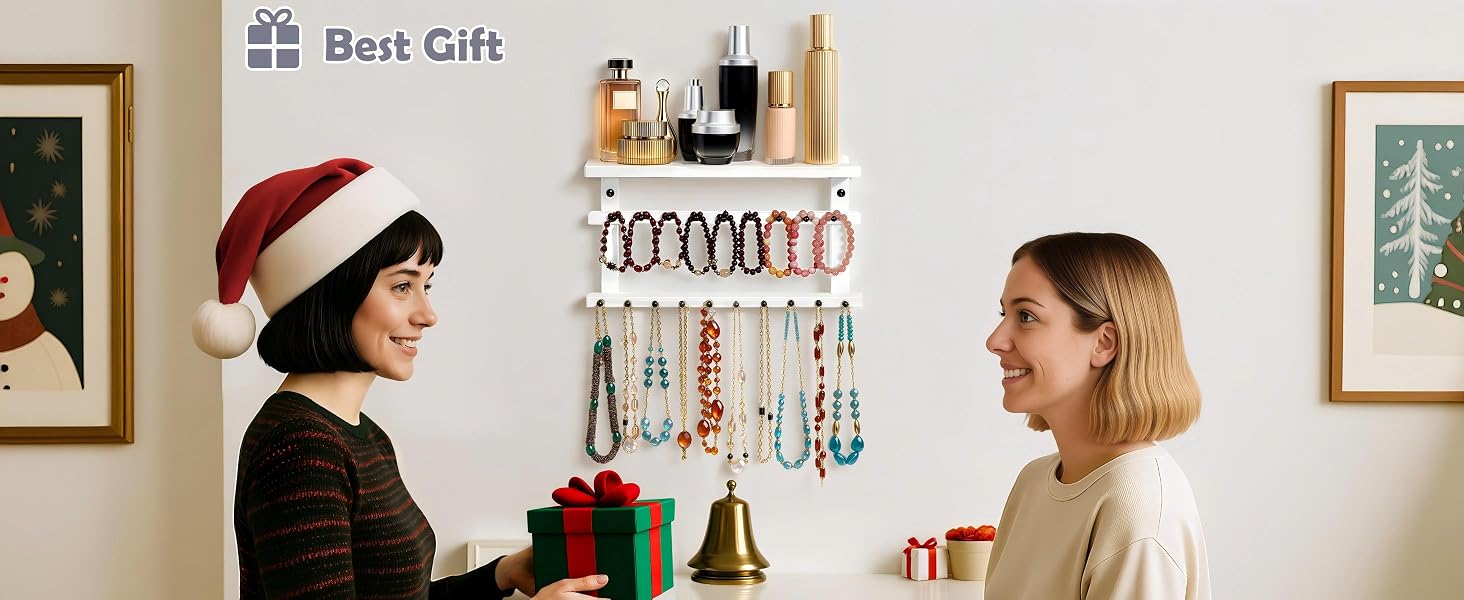 Wall-Mounted Necklace Holder with 19 Hooks, Bracelet Bar & Tray