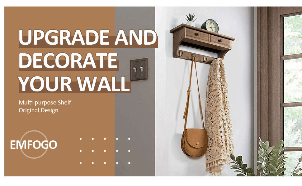 Emfogo Wall-Mounted Coat Rack Shelf with Hooks: Real Wood with Bronze Coat Hooks