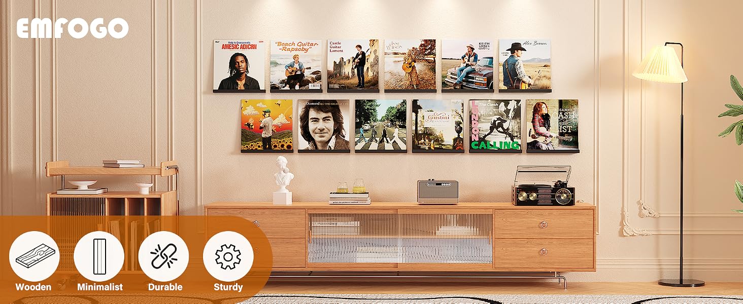 12-Pack Floating Record Shelves, Wall-Mounted Vinyl Album Display