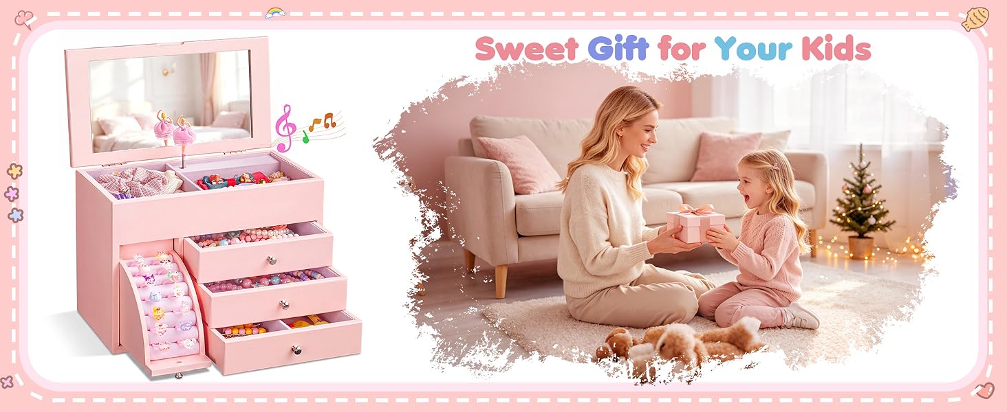 4-Layer Pink Ballerina Music Box, Solid Wood Girls Jewelry Organizer