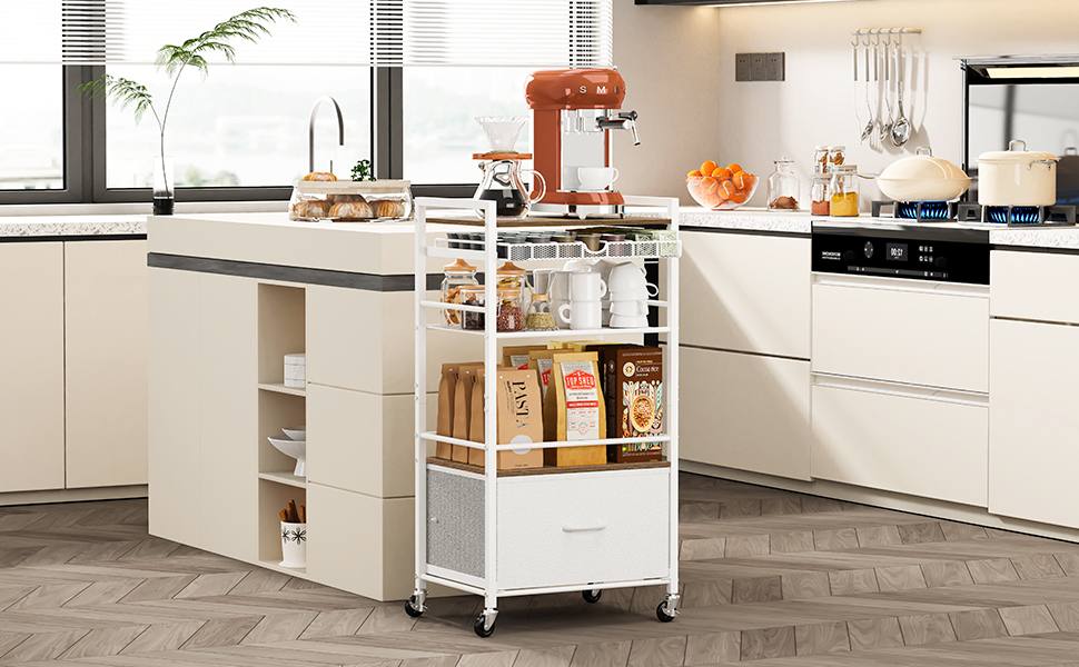 5-Tier Rolling Coffee Bar Cabinet with Drawer, Kitchen Buffet Cart