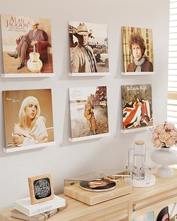 Vinyl Record Wall Shelf 6-Pack, Floating LP Album Holder in Solid Wood