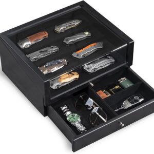 4-Tier Pocket Knife Display Case with Clear Lid & Drawer, Solid Wood