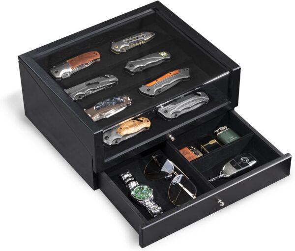 4-Tier Pocket Knife Display Case with Clear Lid & Drawer, Solid Wood