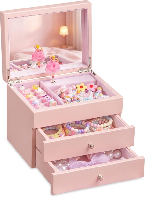 Musical Kids Jewelry Box with Spinning Dancer, 3-Layer Wooden Storage