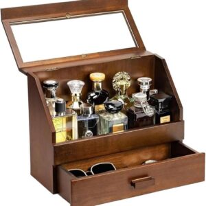 Dustproof Wood Cologne Organizer with Drawer, Men's Dresser Display