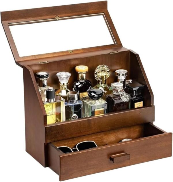 Dustproof Wood Cologne Organizer with Drawer, Men's Dresser Display