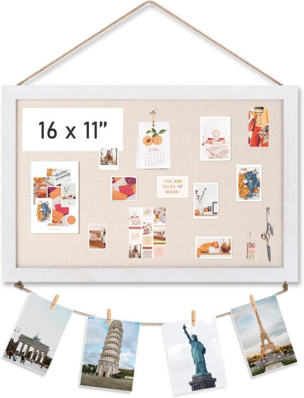 White Linen Cork Vision Board 16x11 with Wood Frame & Clips