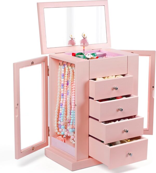 5-Layer Musical Ballerina Jewelry Box for Girls, Wooden Kids Organizer