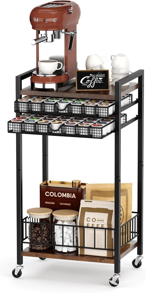 4-Tier Rolling Coffee Bar Cart with 84-Pod Drawer & Lockable Wheels