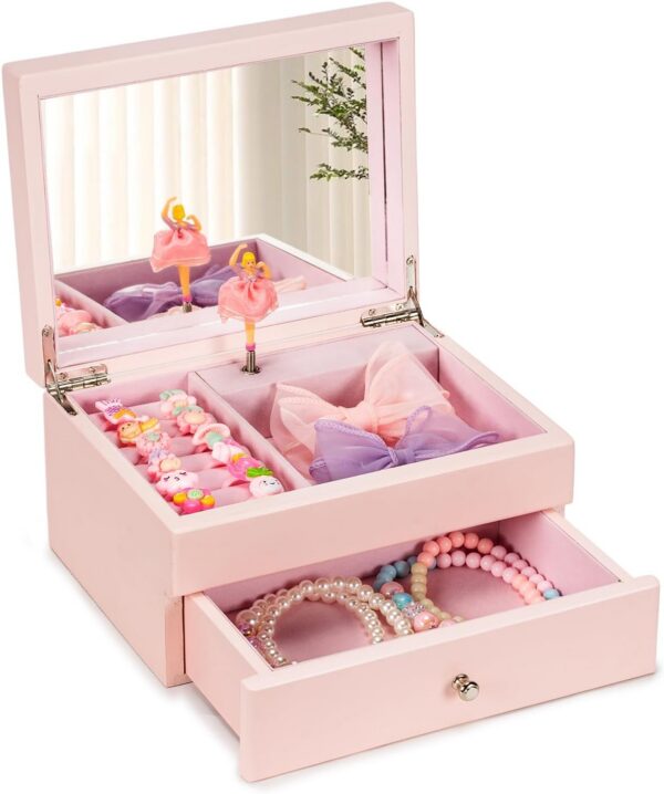 2-Tier Music Box Jewelry Organizer for Toddler Girls, Spinning Dancer