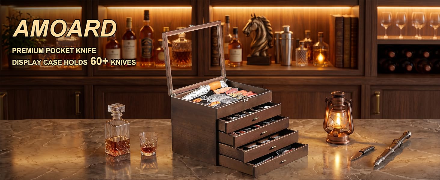 5-Tier Pocket Knife Organizer Case with Drawer & Clear Lid, Walnut
