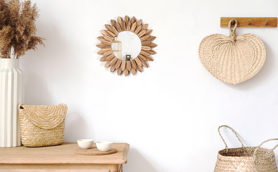 Round Shabby Chic Sunburst Wall Mirror, Vintage Torched Wood Boho Decor