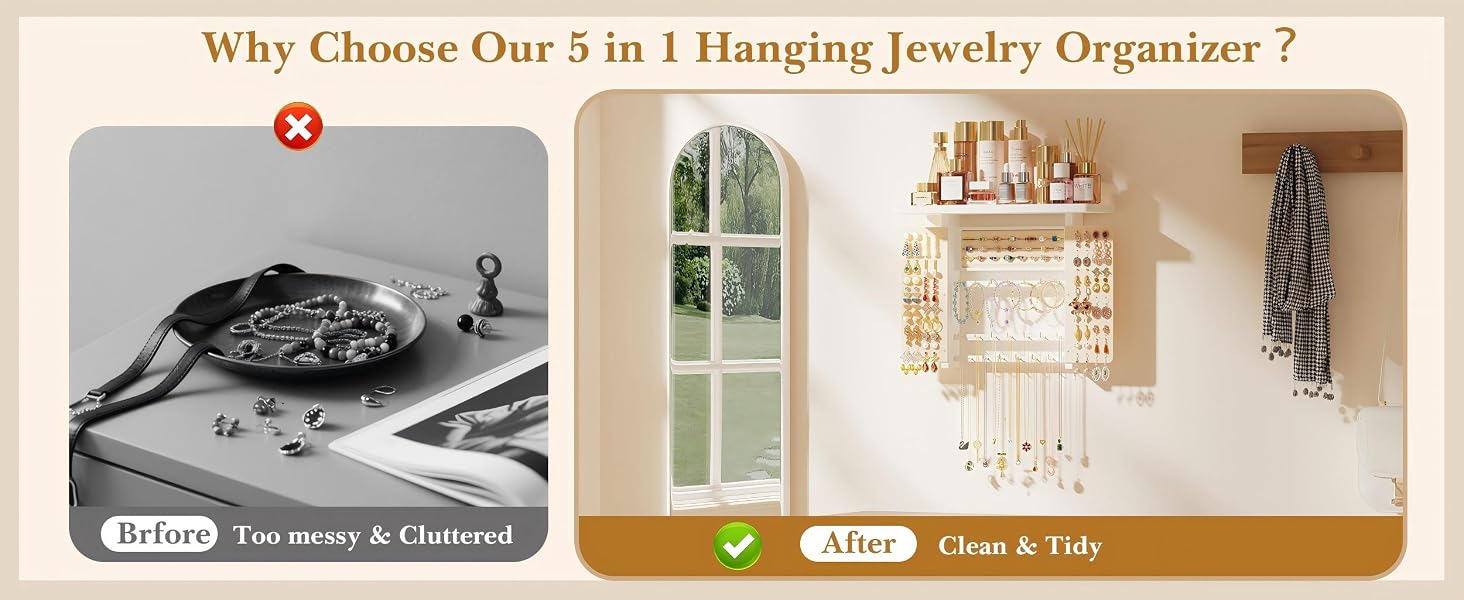 Wall-Mounted Hanging Jewelry Organizer, 5-in-1 Necklace & Earring Holder